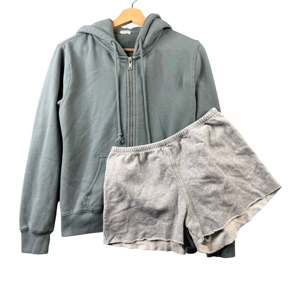 John Galt Brandy Melville Full Zip Hoodie and Raw Hem Shorts Set Blue Gray XS